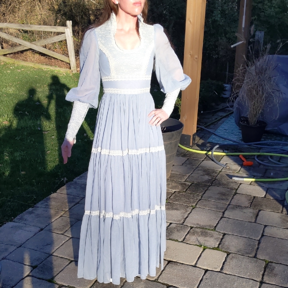 Gunne Sax Light Blue Long Sleeve Dress with Lace Accents